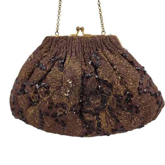 Vtg 50's Baguette Mini Framed Brown Gold Metallic Floral Embroidered Sequin - Picture 10 of 10